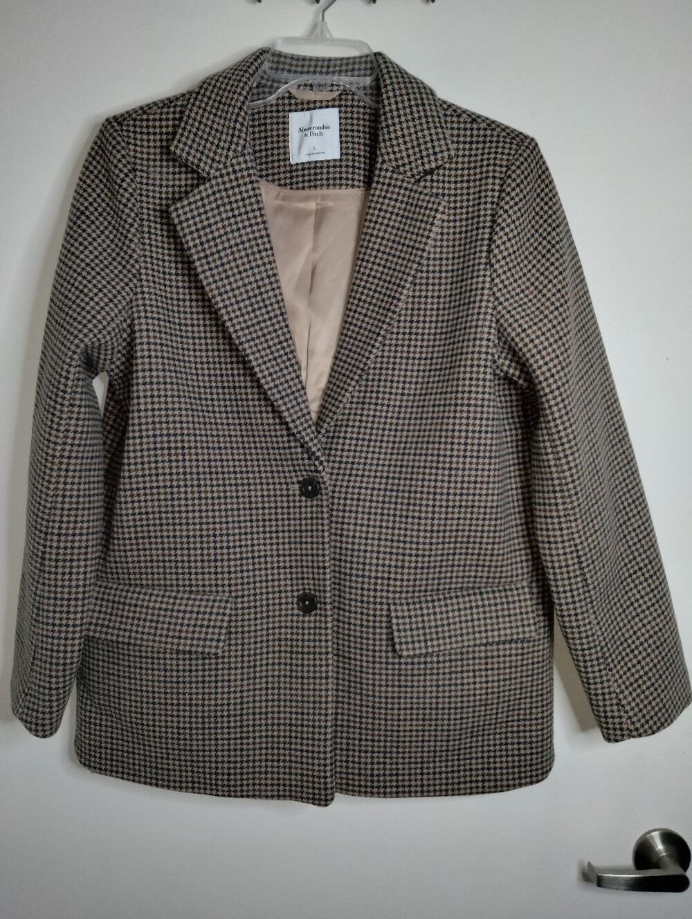 Abercrombie & Fitch (Size L) Wool Blend Houndstooth Blazer Jacket - Brown/Black - Picture 13 of 16